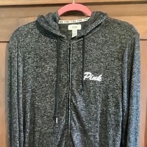 VS PINK Logo Sleepwear Hoodie Jogger Pant Lounge Set Heather Black Sweats Size S